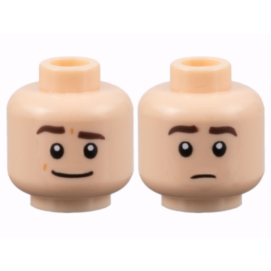 light nougat minifigure head dual sided dark brown eyebrows wide grin with raised eyebrow right neutral pattern