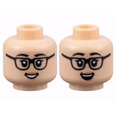 light nougat minifigure head dual sided female black eyebrows and glasses peach lips grin with teeth open mouth smile pattern