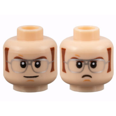 light nougat minifigure head dual sided reddish brown eyebrows and sideburns silver glasses slight grin scowl pattern