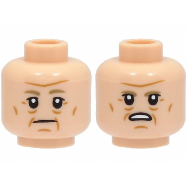 light nougat minifigure head dual sided dark tan eyebrows nougat cheek lines and chin dimple neutral angry with open mouth with teeth pattern