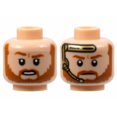 light nougat minifigure head dual sided dark orange eyebrows and beard open mouth with white teeth closed mouth and gold headset pattern