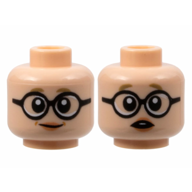 light nougat minifigure head dual sided female dark tan eyebrows large black round glasses peach lips grin surprised with open mouth pattern