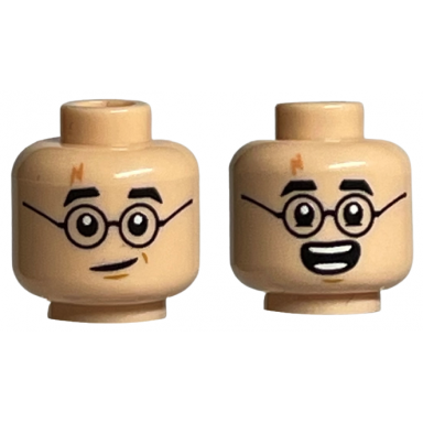 light nougat minifigure head dual sided black eyebrows and glasses medium nougat lightning scar lopsided grin open mouth smile with teeth parted pattern