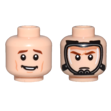 light nougat minifigure head dual sided reddish brown eyebrows medium nougat cheek lines and open mouth smile oxygen mask pattern