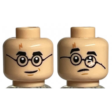 light nougat minifigure head dual sided medium nougat lightning scar black eyebrows glasses round chin dimple smirk frown with broken glasses pattern