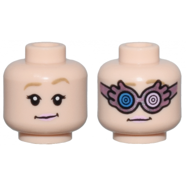 light nougat minifigure head dual sided female dark tan eyebrows bright pink lips smile silver and metallic pink spectrespecs pattern