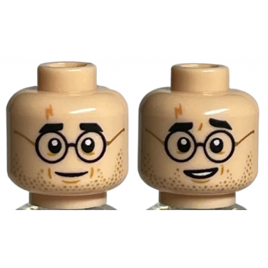 light nougat minifigure head dual sided medium nougat lightning scar black eyebrows glasses and dark tan beard stubble smile open mouth pattern