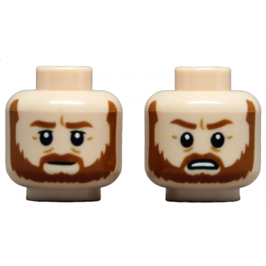 light nougat minifigure head dual sided dark orange eyebrows moustache and beard neutral angry open mouth frown with teeth pattern