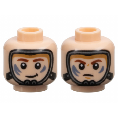 light nougat minifigure head dual sided child dark bluish gray air mask reddish brown eyebrows sand blue paint splotches grin scowl pattern