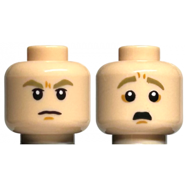 light nougat minifigure head dual sided dark tan eyebrows nougat chin dimple angry scared with open mouth pattern