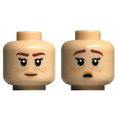 light nougat minifigure head dual sided female reddish brown eyebrows nougat lips and freckles smile scared with open mouth pattern