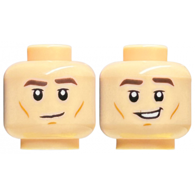 light nougat minifigure head dual sided dark brown eyebrows medium nougat cheek lines and chin dimple neutral smirk with open mouth pattern