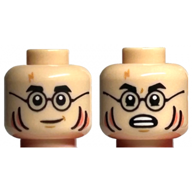 light nougat minifigure head dual sided black eyebrows and glasses nougat scar coral gills neutral scared with open mouth pattern