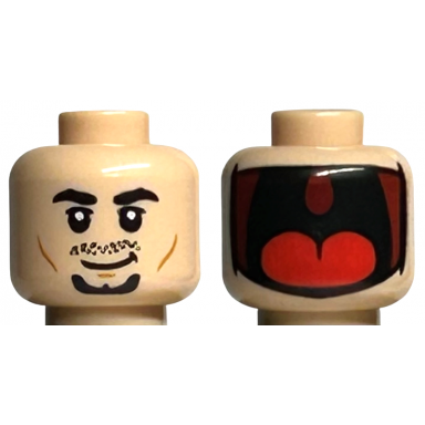 light nougat minifigure head dual sided black thick eyebrows upper eyelids moustache stubble and goatee medium nougat cheek lines and chin dimple lopsided grin large dark red open shark mouth with red tongue pattern