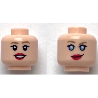 light nougat minifigure head dual sided female dark tan eyebrows red lips open mouth smile smirk with metallic light blue eyes pattern