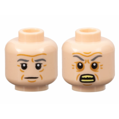 light nougat minifigure head dual sided dark bluish gray eyebrows medium nougat wrinkles neutral angry with bright light yellow teeth pattern