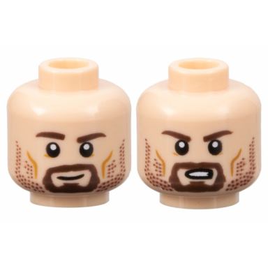 light nougat minifigure head dual sided dark brown eyebrows goatee and stubble beard medium nougat cheek lines grin scowl pattern