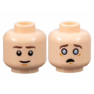light nougat minifigure head dual sided dark brown eyebrows medium nougat chin dimple grin scared with bright light blue eyes pattern