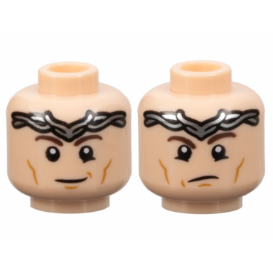 light nougat minifigure head dual sided dark brown eyebrows silver tiara medium nougat cheek lines and chin dimple smirk frown pattern