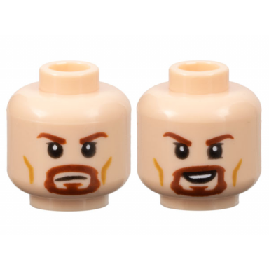 light nougat minifigure head dual sided reddish brown eyebrows and goatee medium nougat cheek lines neutral open mouth smile pattern