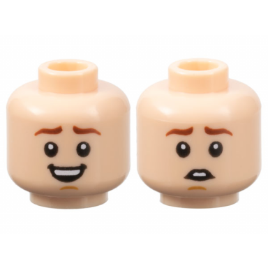 light nougat minifigure head dual sided reddish brown eyebrows medium nougat chin dimple open mouth smile with teeth scared pattern