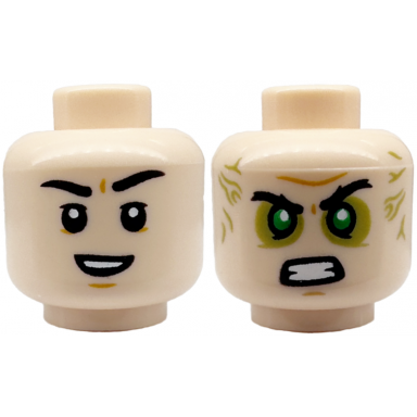 light nougat minifigure head dual sided black eyebrows chin dimple open mouth smile angry with green eyes olive green eye shadow and veins pattern