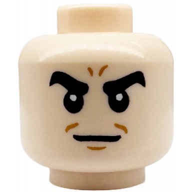 light nougat minifigure head thick black eyebrows medium nougat chin dimple and forehead lines neutral pattern sandman