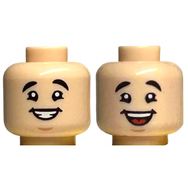 light nougat minifigure head dual sided black eyebrows medium nougat chin dimple open mouth smile with teeth wide open mouth smile with tongue pattern