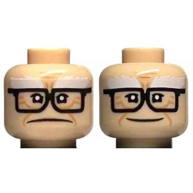 light nougat minifigure head dual sided white bushy eyebrows medium nougat wrinkles and cheek lines black glasses frown smile pattern