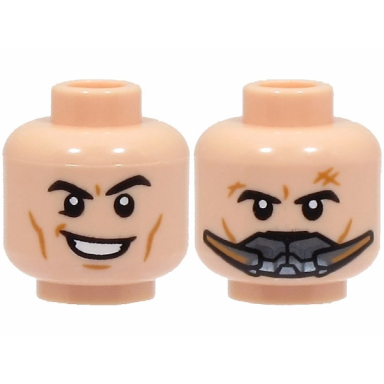 light nougat minifigure head dual sided black eyebrows medium nougat cheek lines and dimples lopsided open mouth smile breathing apparatus pattern