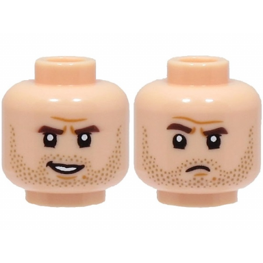light nougat minifigure head dual sided dark brown eyebrows dark tan stubble beard medium nougat chin dimple lopsided open mouth smile frown pattern