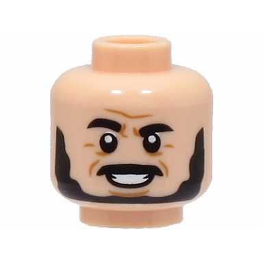 light nougat minifigure head black eyebrows moustache and beard medium nougat forehead and cheek lines chin dimple open mouth smile pattern