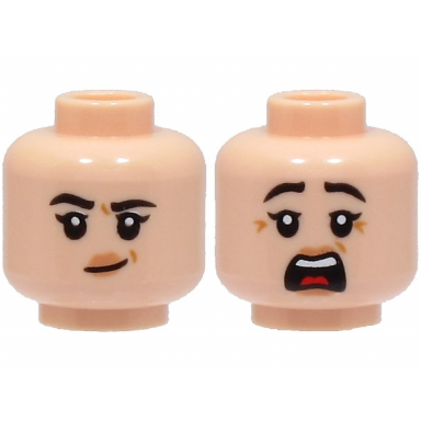 light nougat minifigure head dual sided female black eyebrows nougat lips medium nougat dimples lopsided grin scared with open mouth pattern