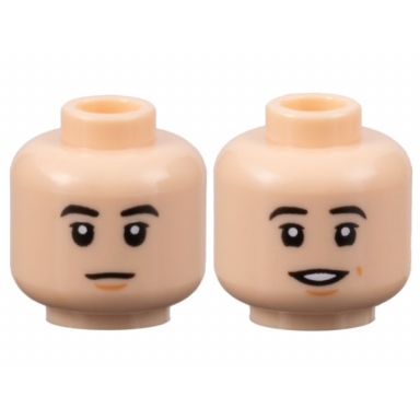light nougat minifigure head dual sided black eyebrows nougat chin dimple neutral open mouth smile pattern