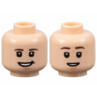 light nougat minifigure head dual sided dark brown eyebrows nougat chin dimple lopsided grin narrow open mouth smile pattern