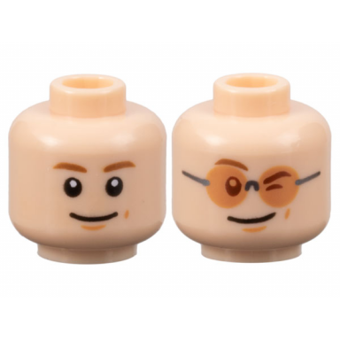 light nougat minifigure head dual sided medium brown eyebrows nougat dimples smile winking with glasses pattern