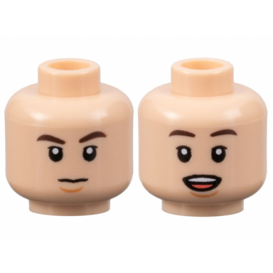 light nougat minifigure head dual sided dark brown eyebrows nougat chin dimple neutral surprised with open mouth with teeth and tongue pattern