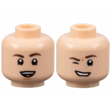 light nougat minifigure head dual sided dark brown eyebrows nougat dimples open mouth smile with teeth and tongue wink right pattern