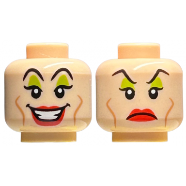 light nougat minifigure head dual sided female black eyebrows lime eye shadow medium nougat cheek lines red lips open mouth smile frown pattern