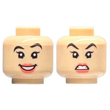 light nougat minifigure head dual sided female black eyebrows left raised coral lips open mouth smile angry pattern