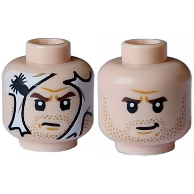 light nougat minifigure head dual sided dark brown eyebrows dark tan stubble beard medium nougat chin dimple white spider web lopsided mouth pattern