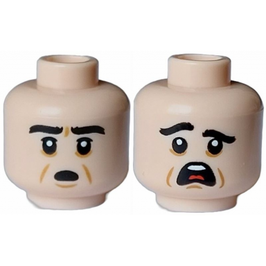 light nougat minifigure head dual sided black eyebrows medium nougat cheek lines open mouth scared terrified with white teeth and red tongue pattern