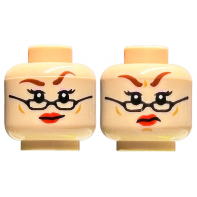 light nougat minifigure head dual sided female reddish brown eyebrows bright pink eye shadow black glasses red lips smirk angry with frown pattern