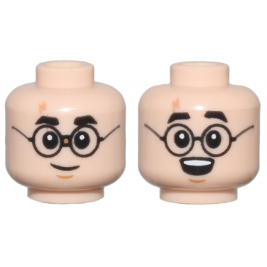 light nougat minifigure head dual sided thick black eyebrows glasses nougat lightning scar medium nougat chin dimple grin surprised open mouth smile with top teeth pattern