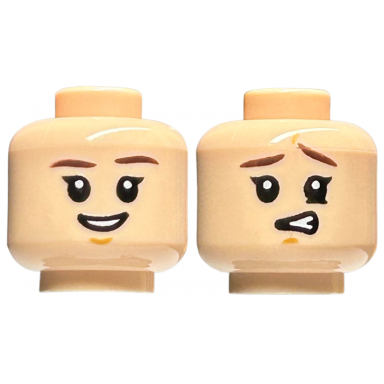 light nougat minifigure head dual sided dark brown eyebrows medium nougat chin dimple open mouth smile confused with raised eyebrow left pattern