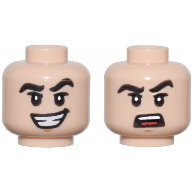 light nougat minifigure head dual sided thick black eyebrows one raised chin dimple open mouth crooked smile open mouth scowl pattern