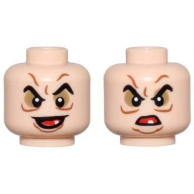 light nougat minifigure head dual sided pointed black eyebrows dark tan eye shadow dark orange wrinkles open mouth with white tooth smile scowl pattern