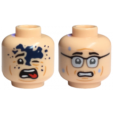 light nougat minifigure head dual sided black eyebrows open mouth with red tongue dark blue splotch on forehead scared with glasses and sweat drops pattern