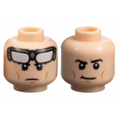 light nougat minifigure head dual sided black eyebrows medium nougat cheek lines and chin dimple white goggles frown smirk pattern batman