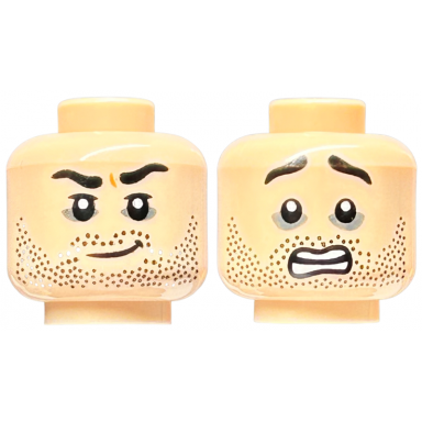 light nougat minifigure head dual sided black eyebrows dark bluish gray eye shadow dark brown beard stubble smirk open mouth scared with teeth parted pattern